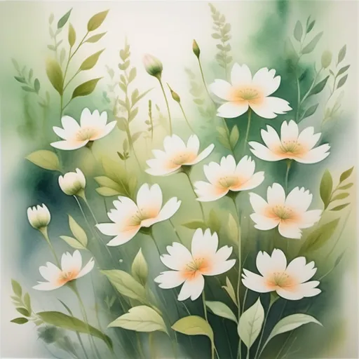 Prompt: watercolor painting of (delicate flowers), (soft hues), muted colors, gentle brush strokes, serene atmosphere, lush green leaves, dreamy background, tranquil vibe, artistic masterpiece, subtle contrasts, high detail, beautifully blended shades, calming composition, evokes peace and harmony, (ultra-detailed)