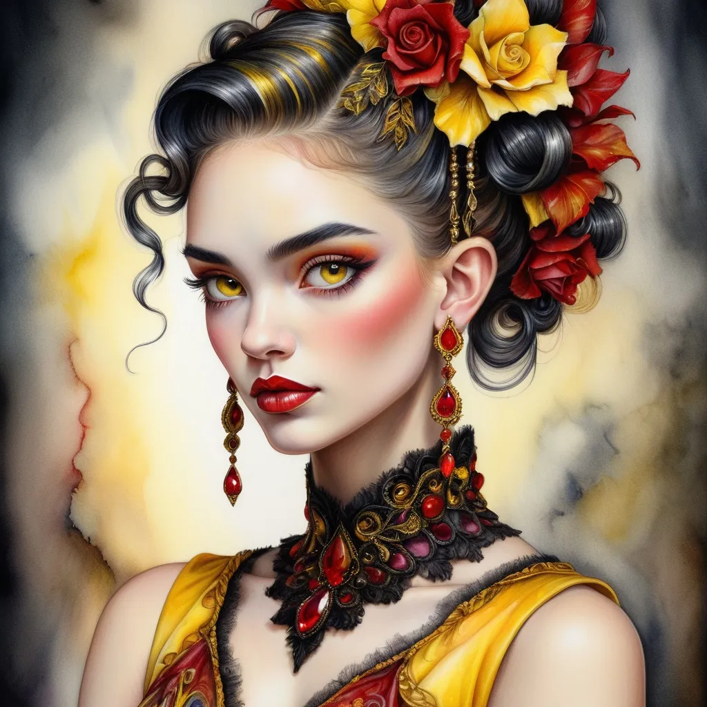 Prompt: <mymodel> beautiful woman, hair pinned up, yellow red black dress, earrings, Watercolor, trending on artstation, sharp focus, studio photo, intricate details, highly detailed, by  Josephine Wall and Jasmine Becket-Griffith