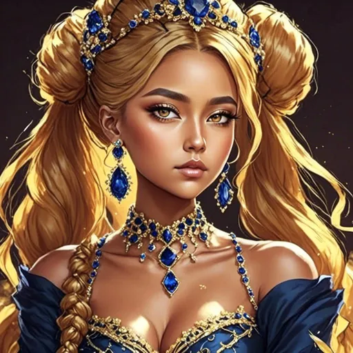 Prompt: <mymodel> An extremely gorgeous woman,  with sapphire jewels, in color scheme of gold and sapphire