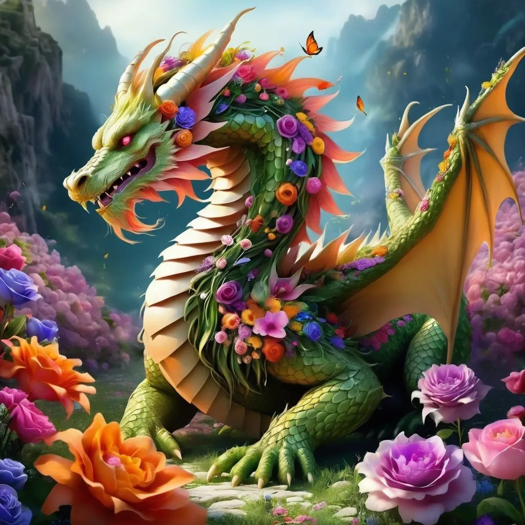 Prompt: Beautiful creature-a dragon made of flowers