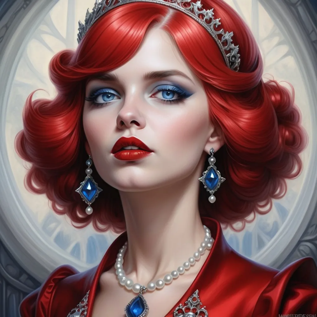 Prompt: a woman with  white hair, blue eyes, red lips, a tiara and pearls on her head and a red lip and a blue dress with a red and white collar, Anne Stokes, gothic art, highly detailed digital painting, a detailed painting