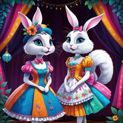 Prompt: <mymodel>Funny illustration of a anthropomorphic rabbit and cat in beautiful dresses , Tim Burton style eyes, bright and colorful, whimsical bright colorful background, comical expressions, high quality, detailed fur, playful, cartoonish, vibrant colors, imaginative lighting