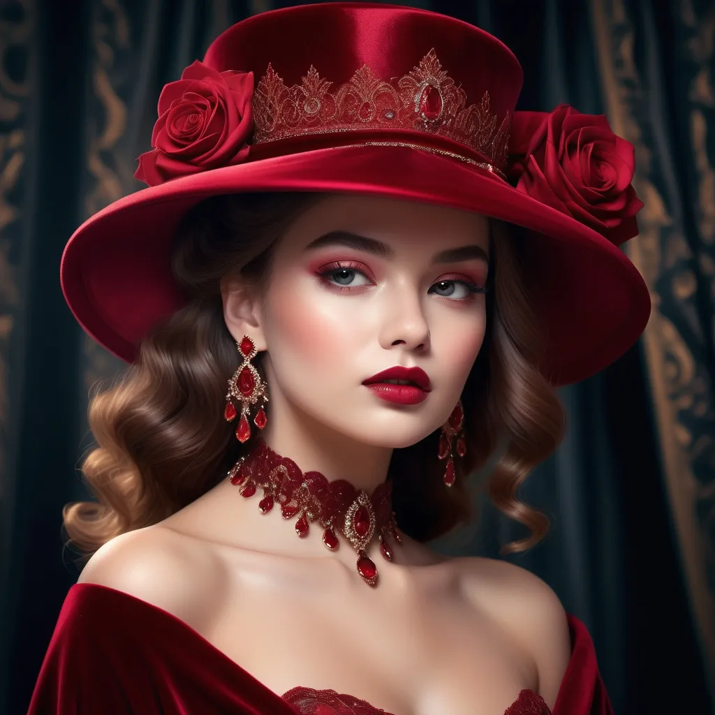 Prompt: Ruby red lady, striking brilliance of red as the central theme, adorned in a flowing scarlet gown, regal and elegant, with intricate lace patterns, deep crimson lipstick, and sparkling ruby jewelry. The background is softly blurred, featuring a luxurious velvet curtain and dim ambient lighting, creating a romantic and opulent atmosphere. The scene is ultra-detailed, infused with warmth and sophistication, highlighting the captivating presence of the lady.