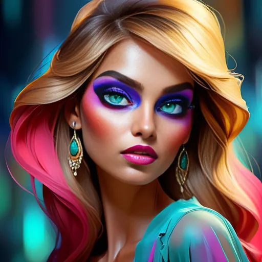 Prompt: <mymodel>digital painting, dramatic colourful makeup, high fashion, intense gaze, realistic portrayal, vibrant colors, detailed features, highres, professional, dramatic, realistic, digital painting, intense gaze, vibrant colors, detailed features, high fashion, glamorous lighting