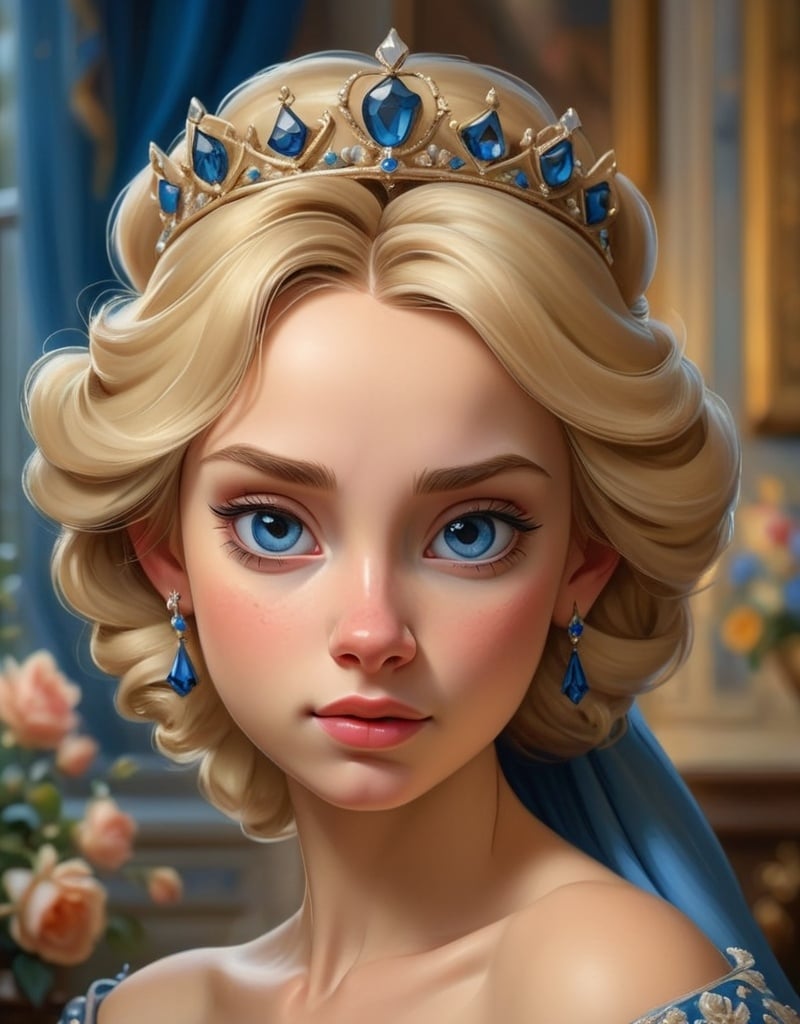 Prompt: High-quality, detailed portrait of a blonde princess with flowing blue dress and tiara, oil painting, elegant castle background, soft and warm lighting, detailed floral patterns, royal jewelry, realistic, oil painting, detailed eyes, flowing gown, tiara, elegant, royal, warm lighting, detailed portrait, blonde hair, castle background