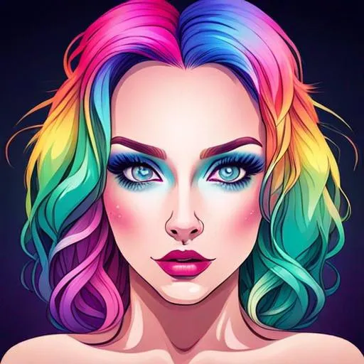 Prompt: Girl with rainbow colored hair, bright eyes,  beautiful makeup, facial closeup, cartoon style