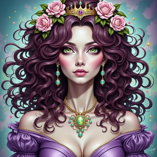 Prompt: a woman with a crown on her head and purple hair wearing a purple dress and a necklace with pink roses, Charlie Bowater, fantasy art, highly detailed digital painting, a detailed painting