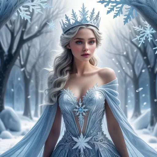 Prompt: (ice queen), ethereal beauty, glistening ice crystals, flowing icy gown, detailed ornate crown, frosty blue and silver tones, sparkling snowflakes in the air, majestic winter landscape, enchanting atmosphere, bright white light contrasts with cool shades, high detail, ultra-detailed, 4K quality, captivating and magical ambiance.