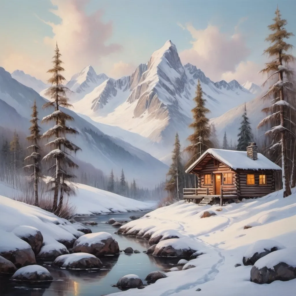 Prompt: a cabin in a snowy mountain landscape, oil painting, snow-capped peaks, serene winter scene, high quality, realistic, cool tones, soft lighting, peaceful atmosphere