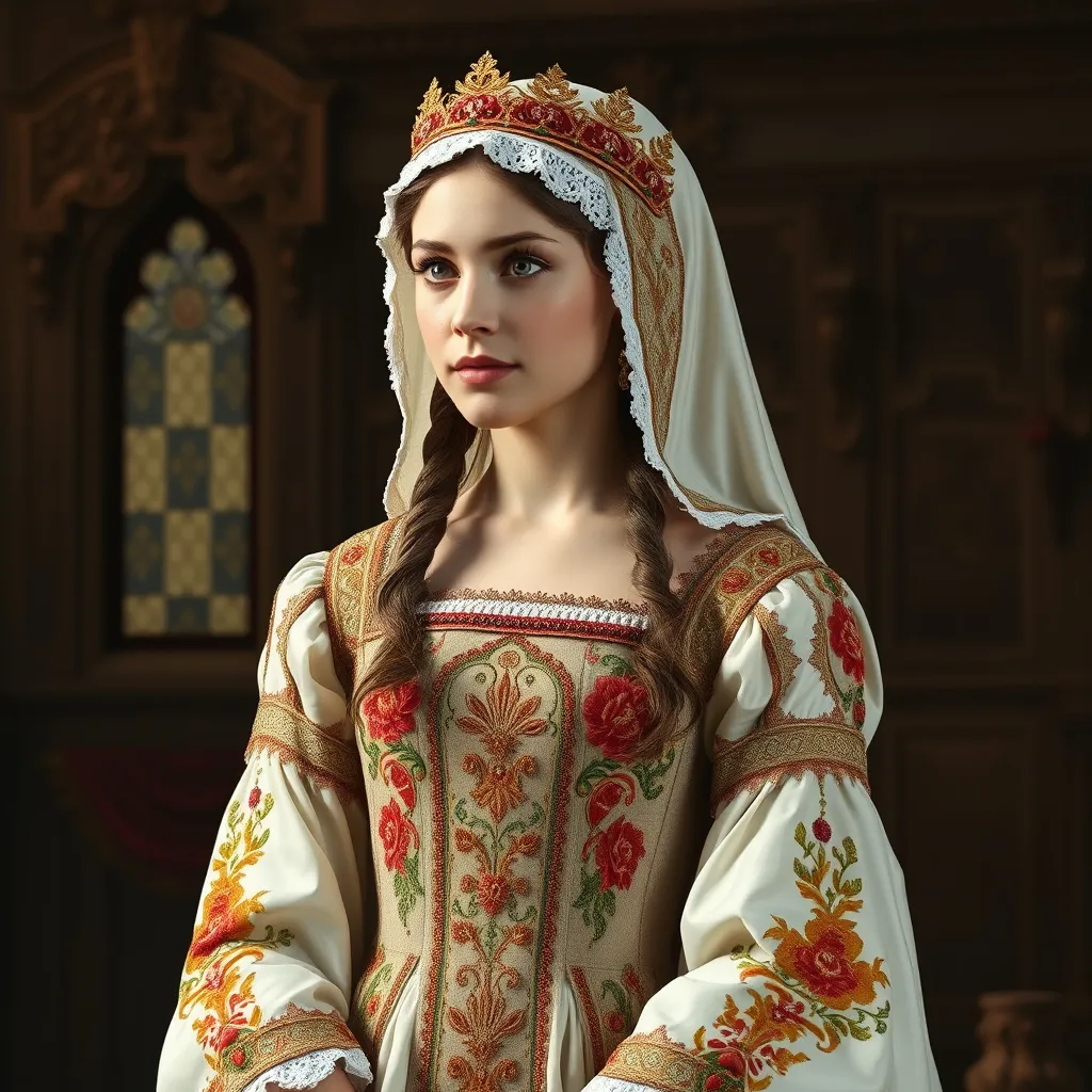 Prompt: Tudor era princess in a elaborate dress embroidering