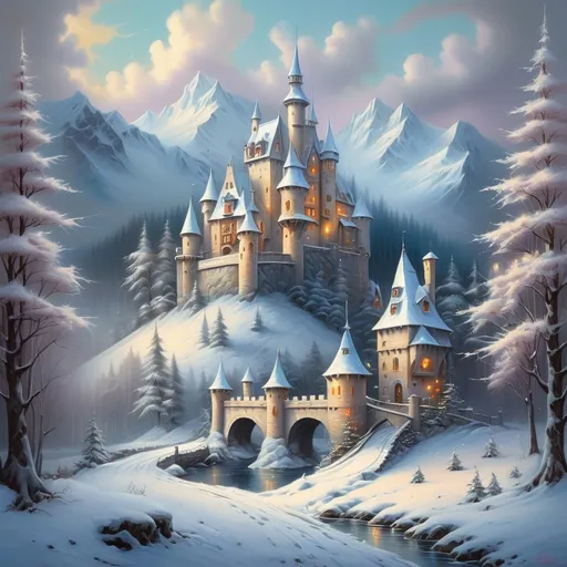 Prompt:  a painting of a castle surrounded by trees, beautiful fantasy painting, fairytale painting, whimsical fantasy landscape art, beautiful render of a fairytale, dream scenery art, snow landscape, winter scene fantasy, beautiful snowy landscape, snowy winter scene, thomas kinkade style painting, fairytale artwork, snow forest, adrian borda, snow scene, winter painting, beautiful winter area 