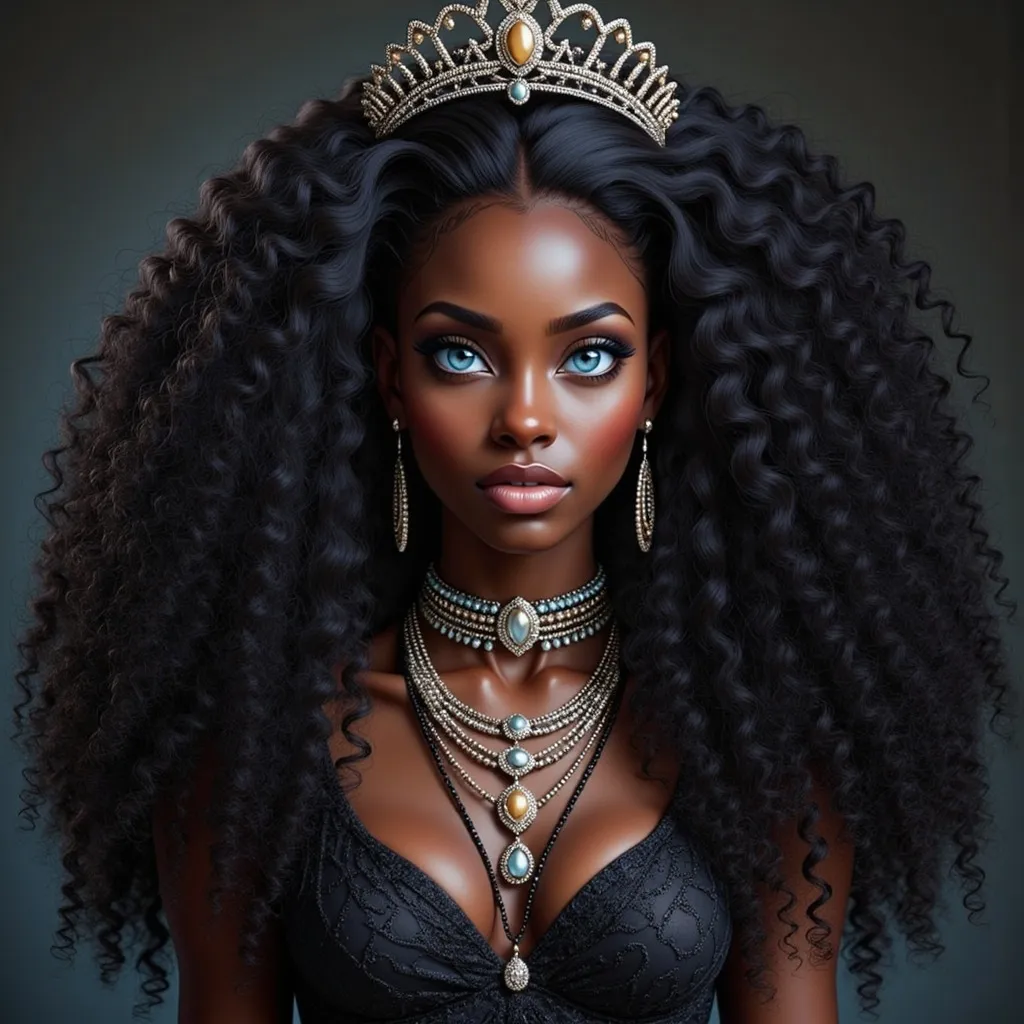 Prompt: a  black woman with a tiara and a necklace  Chinwe Chukwuogo-Roy, afrofuturism, highly detailed digital painting, a photorealistic painting