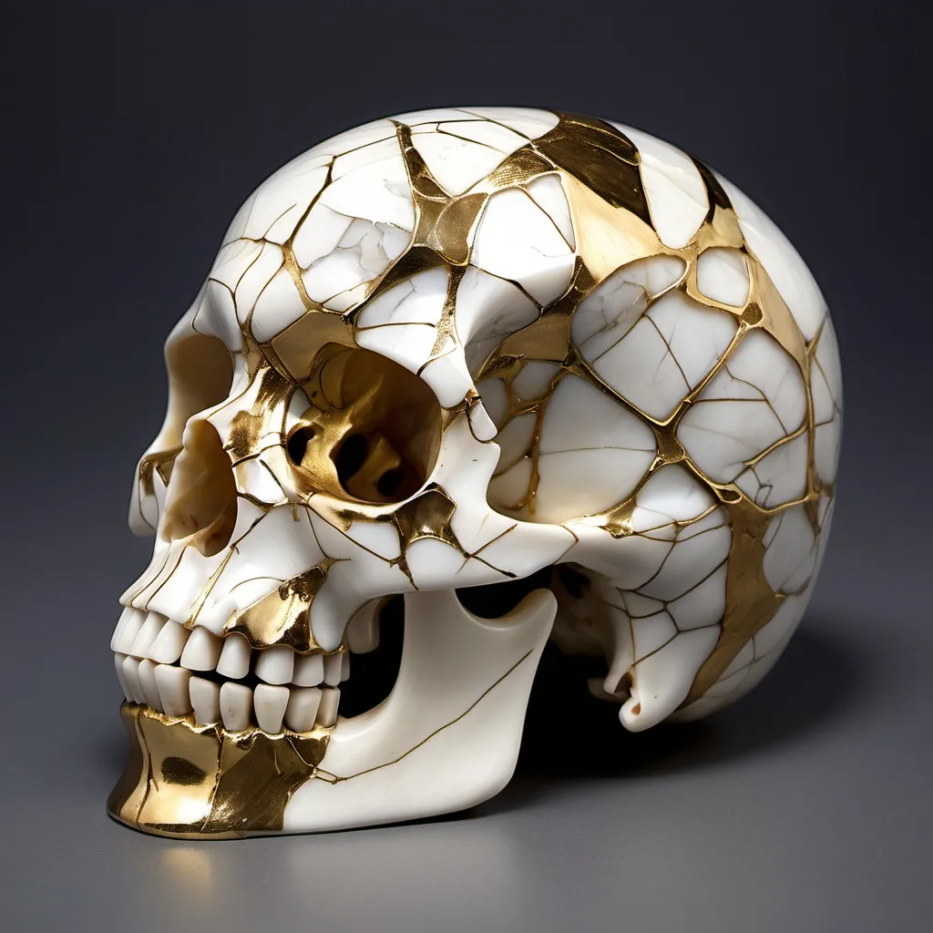 Prompt: fractured alabaster skull, reparied with gold, silver Kintsugi