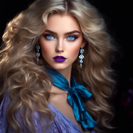 Prompt: <mymodel>Beautiful ethereal woman, long blonde hair,and icy blue eyes color, purple lipstick, facial closeup