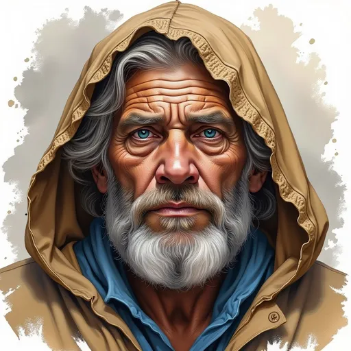 Prompt: This is a highly detailed, digital illustration of an elderly man with a weathered, rugged appearance. The man's skin is deeply wrinkled, with prominent furrows on his forehead and around his eyes, suggesting a life of hardship and experience. His eyes are a piercing blue, with a piercing, intense gaze that conveys wisdom and depth. He has a full, white beard and mustache that contrasts with his slightly tanned skin. His hair is mostly gray, with a few white strands peeking out from under a tan, hooded cloak. The cloak is made of a thick, textured fabric, with intricate, woven patterns along the edges. He is also wearing a blue garment that peeks out from under the cloak. The background is a simple, gradient gray, which helps to keep the focus on the man's face and expression. The illustration uses a realistic style with careful attention to detail, especially in the texture of the skin and fabric. The overall mood of the image is somber and introspective, capturing the character's age and experience. The use of light and shadow adds depth to the illustration, highlighting the man's facial features and the texture of his clothing.