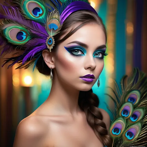 Prompt: A stunning young woman captivates the viewer with her striking beauty, adorned with a vibrant peacock feather headdress that enhances her elaborate makeup featuring bold turquoise and purple hues. Her large, expressive eyes sparkle with dramatic eyeliner and matching eyeshadow, while her flawless skin glows with a touch of warmth. Set against a backdrop of soft, illuminated colors that evoke a sense of luxury, the atmosphere feels both enchanting and opulent. The composition emphasizes her elegant features, subtly framed by her long, wavy hair that cascades elegantly over one shoulder, creating a harmonious blend of color and style. This image conveys a mood of glamour and sophistication, transporting the viewer into a realm of high fashion and artistic expression.
