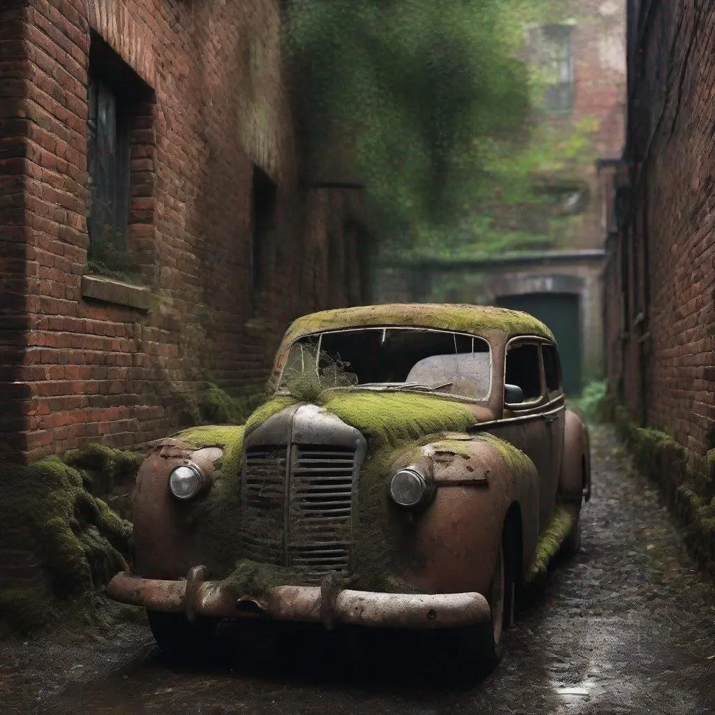 Prompt: Antique car in a deserted alley, intricate, rusted metal body, fading paint, covered in dust and cobweb, cracks on the windshield, backdrop of moss-covered brick wall, balanced composition, gloomy ambience, ultra fine details, dramatic lighting, vintage vibes, 4k resolution