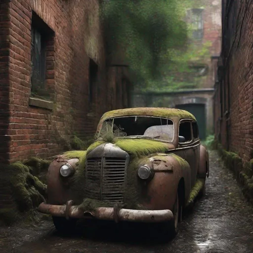Prompt: Antique car in a deserted alley, intricate, rusted metal body, fading paint, covered in dust and cobweb, cracks on the windshield, backdrop of moss-covered brick wall, balanced composition, gloomy ambience, ultra fine details, dramatic lighting, vintage vibes, 4k resolution