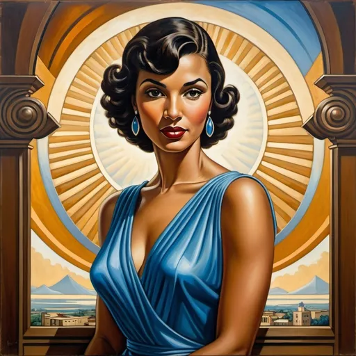 Prompt: a painting of a woman with dark hair and a blue dress , Ernie Barnes, art deco, modern art deco, an art deco painting