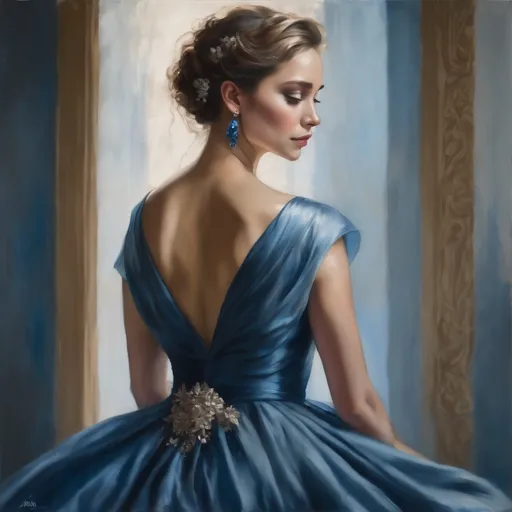 Prompt: Lady in blue, oil painting, flowing blue gown, serene expression, elegant posture, detailed hair and accessories, high quality, realistic, cool tones, soft lighting