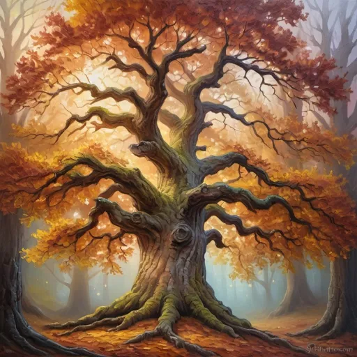 Prompt: Majestic oak tree in a mystical forest, oil painting, intricate and textured bark, vibrant autumn foliage, enchanting fairytale atmosphere, high detail, magical realism, warm and soft lighting, oil painting, mystical forest, vibrant autumn colors, textured bark, high detail, enchanting atmosphere, magical realism, warm lighting