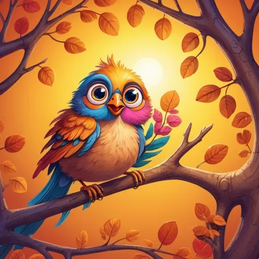 Prompt: Cartoon illustration of a bird in a tree, vibrant colors, warm atmosphere, big expressive eyes, high quality, vibrant colors, cute cartoon, detailed fur, playful, whimsical, warm lighting