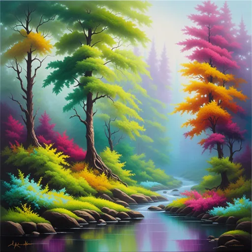 Prompt: <mymodel> Serene forest, oil painting, mist-covered trees, tranquil stream, vibrant and soothing colors, high quality, realistic, detailed foliage, peaceful atmosphere, soft natural lighting