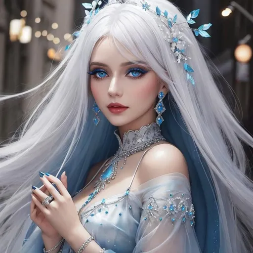 Prompt: A beautiful woman, white hair, blue eyes, blue eyeshadow, blue jewels o