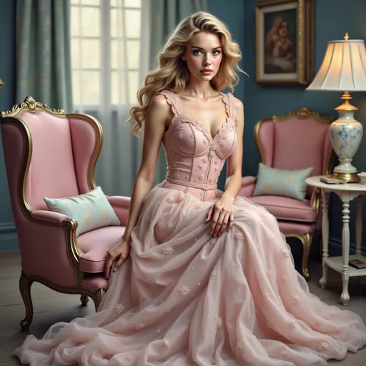 Prompt: a n elegant woman in a pink dress sitting in a chair in a room, Dennis Ashbaugh, rococo, fashion photography, a photorealistic painting