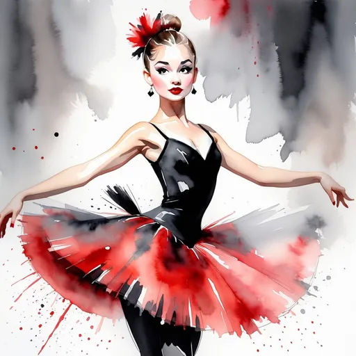 Prompt: young lady ballerina, watercolors, black, gray, white and red, with big attitude, on vaudeville stage