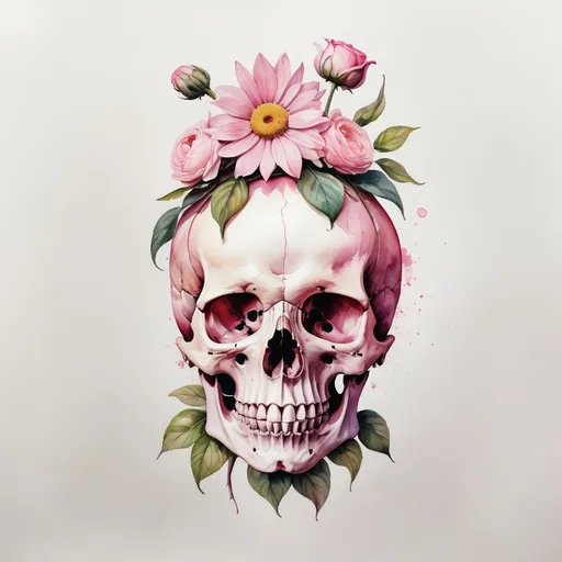 Prompt: a watercolor painting of a skull with a flower on its head and a pink flower on its head, Art & Language, vanitas, skull, an album cover