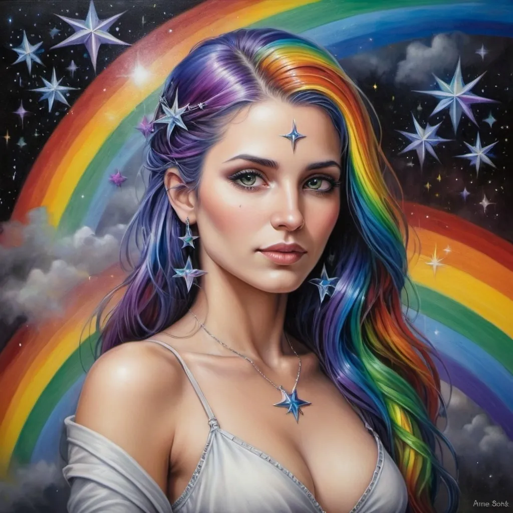 Prompt: <mymodel> a painting of a woman with a rainbow background with stars around her,, Anne Stokes, fantasy art, stars, a detailed painting