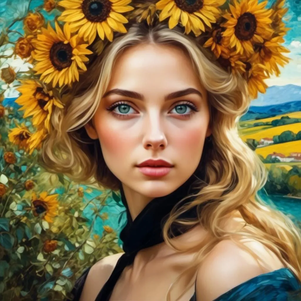 Prompt: <mymodel>Beautiful italian lady in an beautiful landscape of Umbrië, Style Flora Bowley and Vincent van Gogh,8k, dynamic lighting, ultra detailed