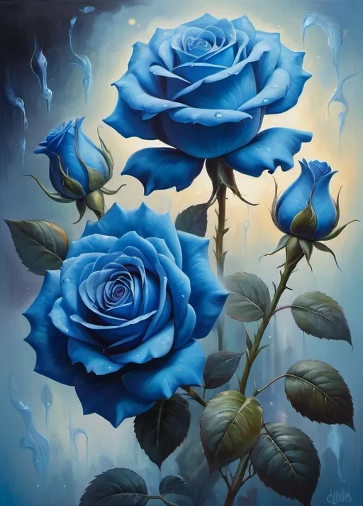 Prompt: Blue roses, surreal oil painting, dreamy atmosphere, high quality, detailed petals, fantasy, vibrant hues, ethereal lighting, mystical, magical, artistic, oil painting, dreamy, surreal, vibrant, high quality, detailed, fantasy, ethereal, mystical, magical, atmospheric lighting