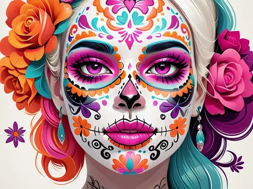 Prompt: This digital illustration features a stylized portrait of a woman with a Day of the Dead (Día de los Muertos) face paint design. Her pale, white face is adorned with intricate, colorful patterns in shades of pink, blue, orange, and green. Her large, almond-shaped eyes are accentuated with vibrant blue and pink eyeshadow, and she has dark, dramatic eyeliner. Her nose is painted black, resembling a sugar skull, and her lips are a deep pink with a stitched, black outline that mimics a stitched mouth.

Her hair is white with streaks of blue and pink, tied back with two large, pink roses on either side of her head. She wears large, colorful earrings shaped like flowers, matching the floral motifs on her face and shoulders. The background is a soft, gradient pink with a white circular halo behind her head, emphasizing her face. The overall style is vibrant and whimsical, with a mix of floral and abstract patterns. The illustration has a smooth, digital texture with a slightly watercolor-like effect, giving it a delicate and ethereal quality. The image exudes a festive and celebratory mood, characteristic of the Día de los Muertos tradition.