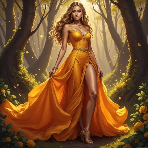 Prompt: A stunning woman in a mystical forest, flowing gown of vibrant orange, dramatically lighting her surroundings, surrounded by lush greenery and towering trees, warm golden hues blending with deep greens, enchanting ambiance, ethereal glow illuminating her confident expression, high detail, 4K quality, captivating and dynamic scene.