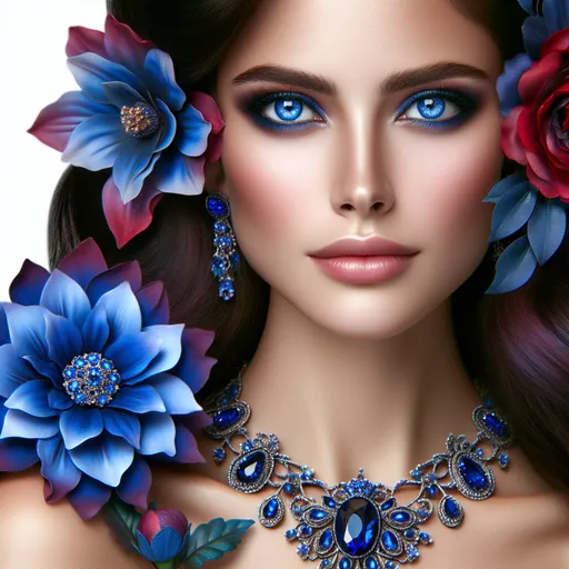 Prompt:  a woman with blue eyes and a flower in her hair and a necklace of sapphites