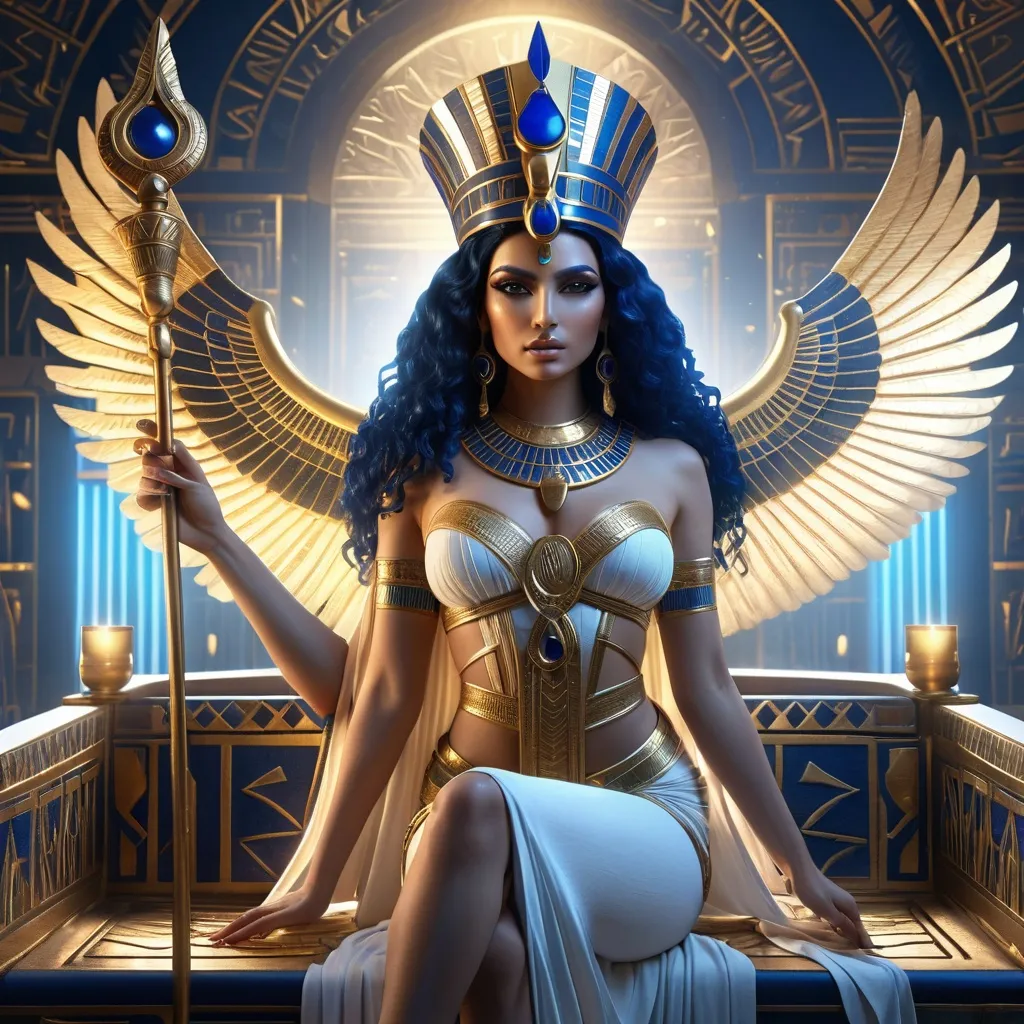 Prompt: <mymodel> HD 4k 3D, 8k, hyper realistic, professional modeling, ethereal Egyptian Goddess style, Ruler Goddess, beautiful, holding scepter,  glowing fair skin, dark blue hair, mythical regal gown, crown, full body, powerful, on throne on egyptian boat, Fantasy setting, surrounded by ambient divine glow, detailed, elegant, surreal dramatic lighting, majestic, goddesslike aura, octane render, artistic and whimsical