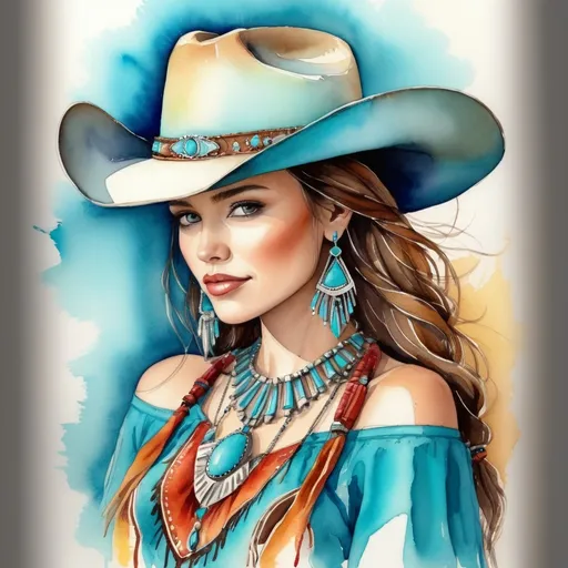 Prompt: <mymodel> Watercolor and pen sketch of a young woman in southwestern style, turquoise jewelry, cowboy hat, flowing attire, intricate details, vibrant colors, high quality, southwest art, watercolor, pen sketch, detailed jewelry, flowing attire, vibrant colors, beautiful woman, high quality imagery, professional, atmospheric lighting