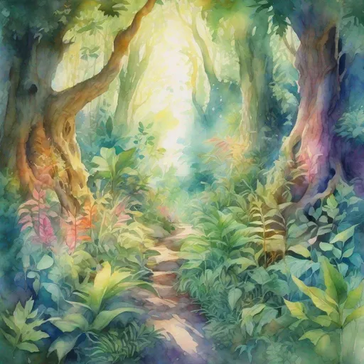 Prompt: Vibrant watercolor painting of a lush enchanted forest, mystical creatures hidden in the foliage, soft sunlight filtering through the canopy, high quality, magical realism, vibrant colors, ethereal lighting, mystical creatures, enchanting, watercolor painting, enchanted forest, soft sunlight, vibrant colors