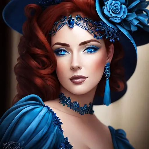 Prompt: Beautiful woman with blue eyes & Auburn hair, blue jewelry, intricate oval face, elegant & elaborate blue formal dress with velvet and lace detailing, blue milliner's hat, fair skin, upturned nose, full bosomy figure, blue high heels, sitting for a portrait, 8k, realistic, elegant, detailed, formal attire, intricate jewelry, portrait sitting, blue color scheme, fair complexion, exquisite hair, high-quality lighting