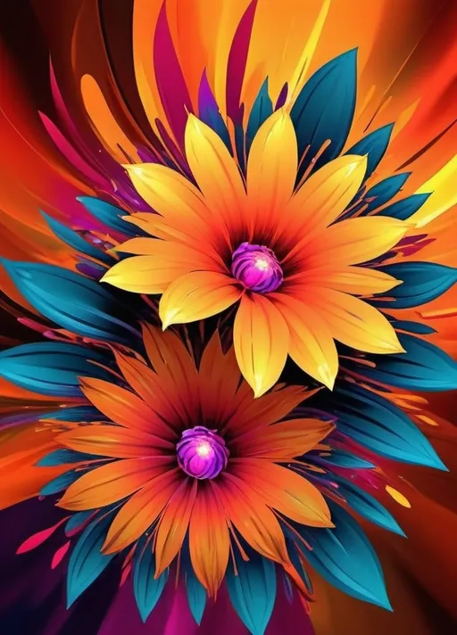 Prompt: Vibrant abstract digital artwork of flowers, dazzling colors, dynamic composition, high energy, modern digital art, vibrant, abstract, digital, high energy, dynamic composition, best quality, colorful, vivid tones, professional lighting