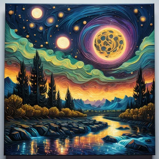 Prompt: a painting of a night sky with stars and a river with  and a full moon, Van Gogh, Dan Mumford, psychedelic art, intricate oil painting, a detailed painting