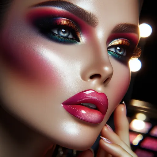 Prompt: (Mesauda full face makeup), vibrant colors, (flawless skin), artistic application, bold eye makeup, captivating lips, glamorous lighting, beauty arrangement, (high-definition), detailed textures, luxurious aesthetics, contemporary look, beauty theme, dynamic composition, expressive showcase, photography style for makeup display.