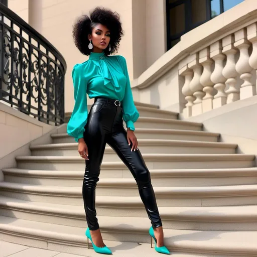 Prompt: <mymodel>beautiful makeup and hair on a gorgeous black woman, very slender, wearing a leather pants and a turquoise blouse