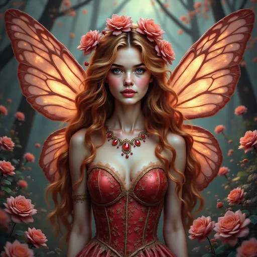 Prompt: Ruby fairy, enchanting forest, mystical atmosphere, shimmering ruby wings, soft glowing light, delicate features, playful expression, surrounded by blossoms, vibrant colors, intricate details, ethereal ambiance, dreamy haze, ultra-detailed, lush greenery, warm tones, magical feel, inviting vibe, high definition.