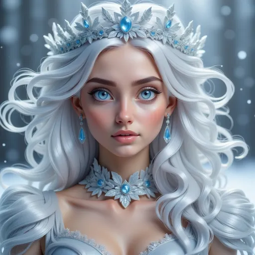 Prompt: Photorealistic, high definition, hyper-detail live action digital photograph of a Snow Queen, ethereal and regal expression, adorned with a shimmering ice crown, flowing crystalline gown, surrounded by swirling snowflakes and a serene winter landscape, cool tones of blue and white, soft diffused lighting enhancing the magical ambiance, HD quality with intricate details capturing her elegance and the frosty surroundings.