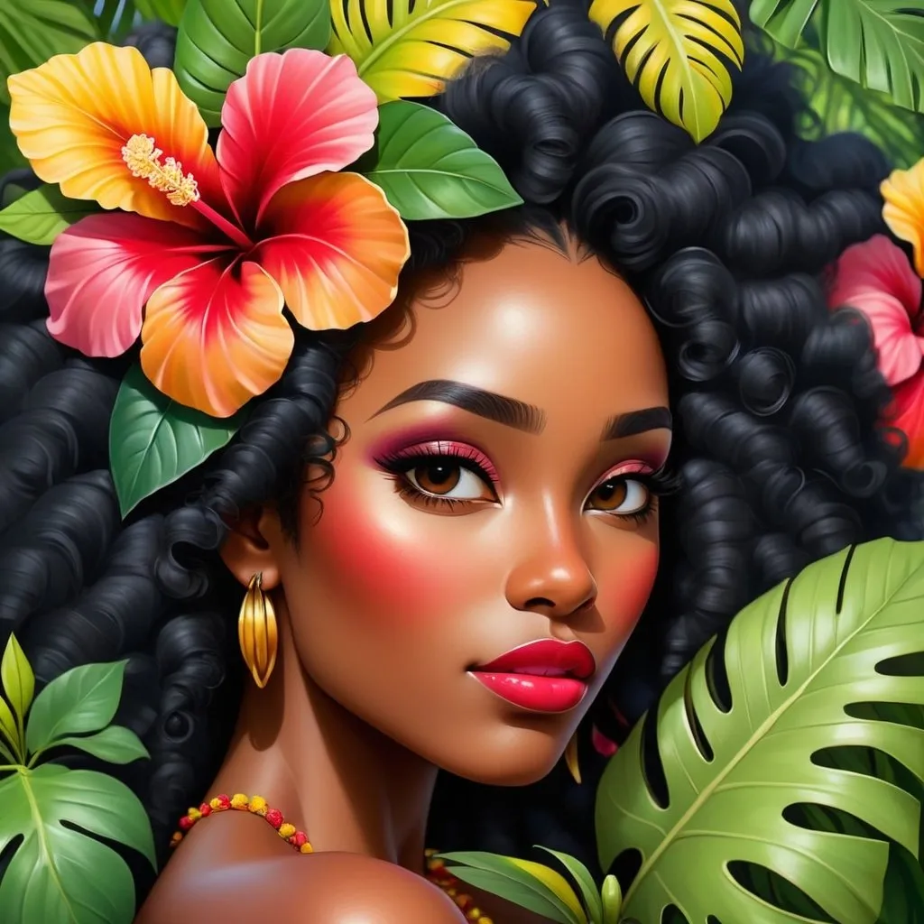 Prompt: Painting of the portrait of a pretty Melanesian woman, wearing cocontractant leaves crown and hibiscus flowers on her left ear. She has long thick afro hair, a black skin and she is surrounded by tropical nature and flowers. 