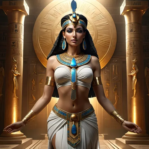 Prompt: HD 4k 3D 8k professional modeling photo hyper realistic beautiful woman Egyptian Princess ethereal greek goddess Amunet, primordial cosmic goddess, full body surrounded by ambient glow, Egyptian afterlife, enchanted, magical, highly detailed, intricate, highly realistic woman, high fantasy background, elegant, mythical, surreal lighting, majestic, goddesslike aura, Annie Leibovitz style