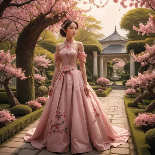 Prompt: In a breathtaking garden adorned with vibrant pink blossoms, a stunning white mansion stands proudly, framed by lush greenery and meticulously arranged flower beds. Towering cherry blossom trees, their branches heavy with blooms, create a dreamy arch over the stone pathway that meanders through the landscape, inviting exploration. The scene is bathed in soft, radiant light, enhancing the pastel hues of the flowers and accentuating the elegant architecture of the mansion, which features ornate details and sweeping curves. A sense of tranquility envelops the atmosphere, evoking feelings of peace and serenity, as if this idyllic setting is a hidden oasis waiting to be discovered. The harmonious blend of nature and architecture crafts a picturesque narrative of beauty and grace.